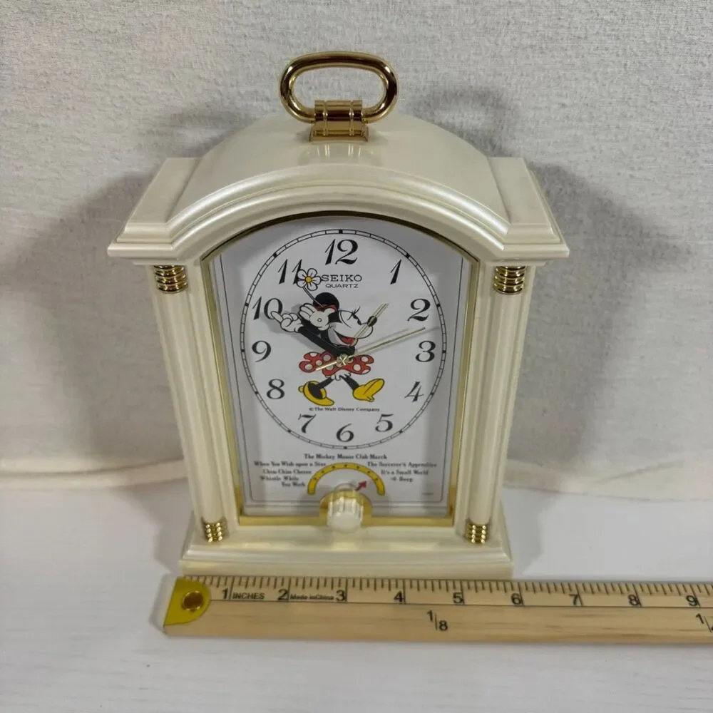 Vintage Seiko Quartz Disney Minnie Mouse Musical Alarm Clock Mantel White